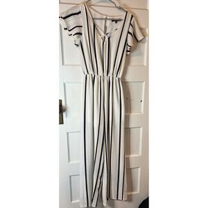 One Love Clothing Striped Jumpsuit Women's XS White Navy Gold Criss Cross Neck